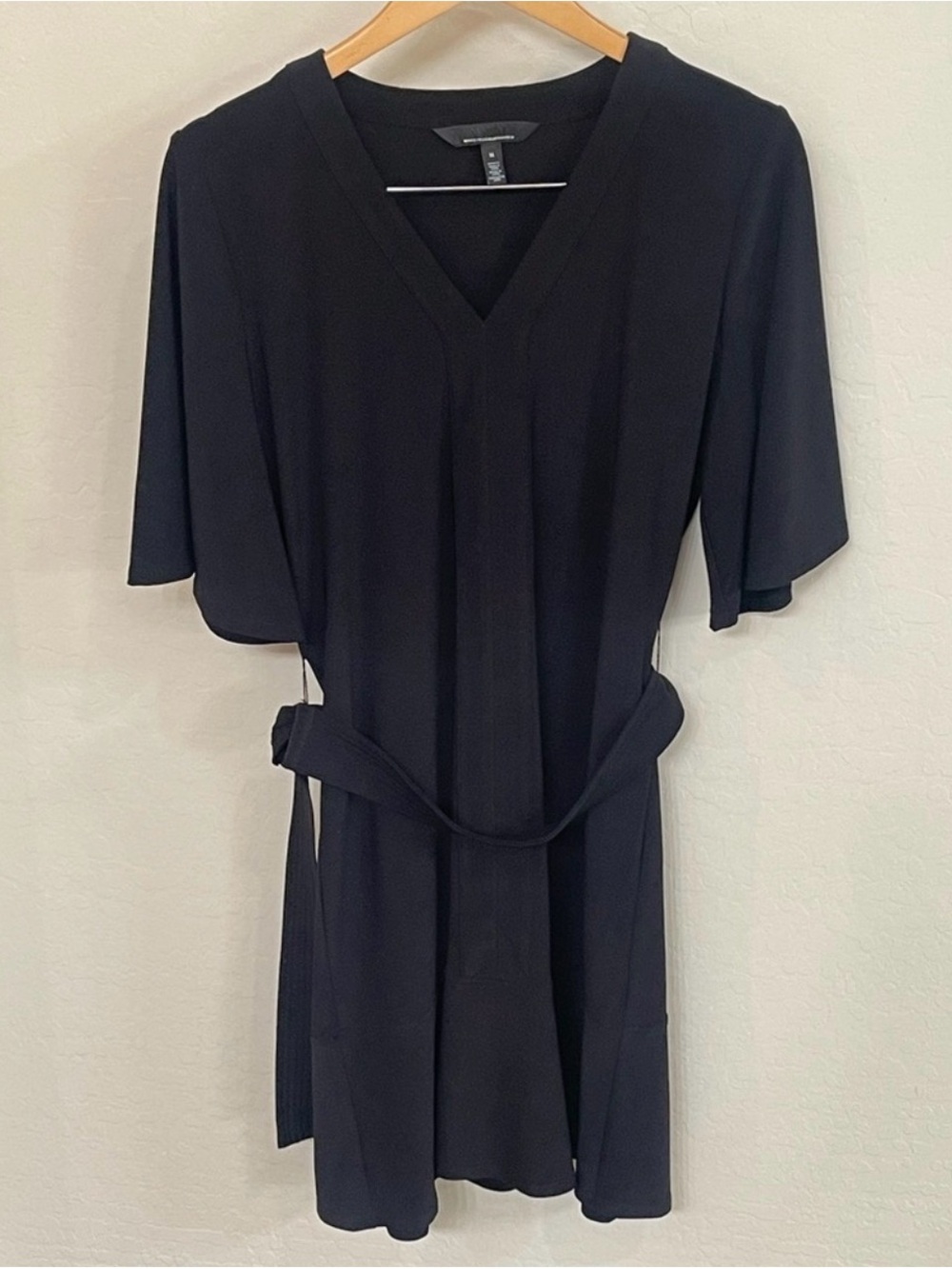 WHBM Black Matte Jersey Flutter Sleeve Belted Mini Dress M